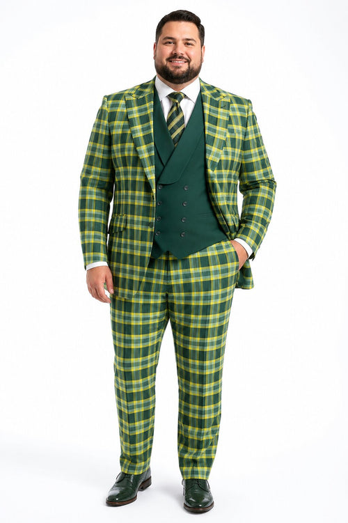 Men's Designer One Button Peak Lapel Italian Wool Suit with Double Breasted Vest in Hunter Green Plaid