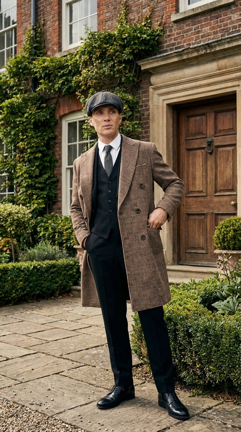 Mens Peaky Blinders Gray Plaid Double Breasted Overcoat + Suit Peaky Blinders Vintage Wool Blend Coat 1920s