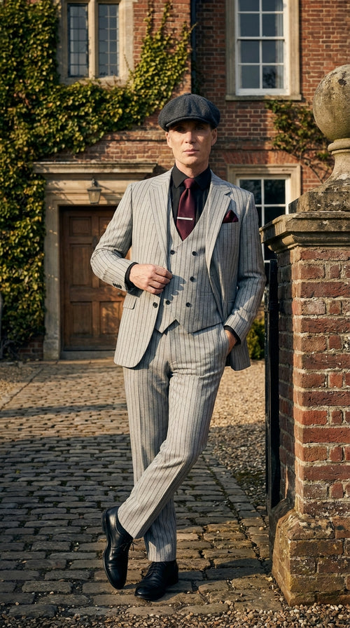 Mens Light Gray and Black Pinstripe 3 Piece Suit – Peaky Blinders Inspired Vintage Gangster 1920s Suit