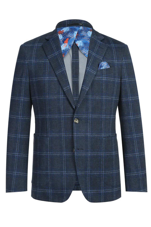 Navy windowpane blazer with tailored fit. Textured fabric, navy base with blue pattern. Floral lining (blue/orange). Features: pockets, single-button, notched lapels, breast pocket & square.