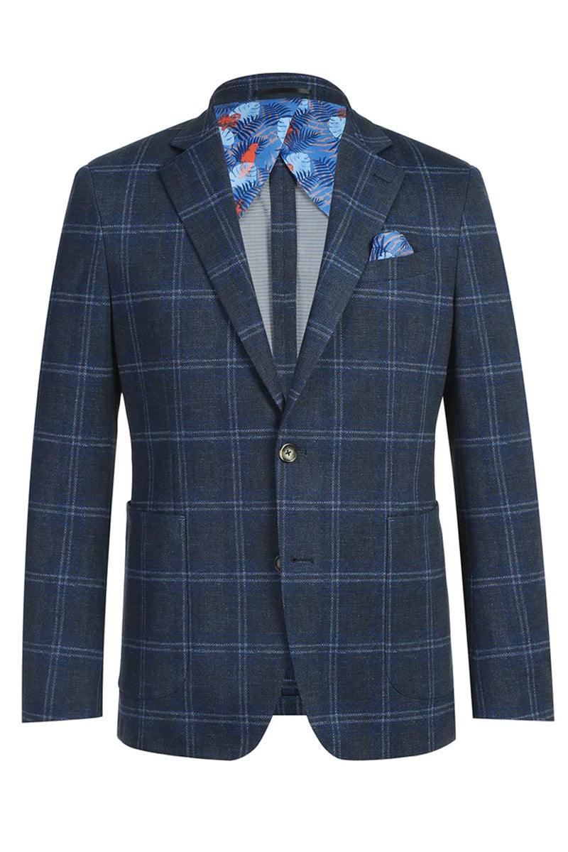 Navy windowpane blazer with tailored fit. Textured fabric, navy base with blue pattern. Floral lining (blue/orange). Features: pockets, single-button, notched lapels, breast pocket & square.