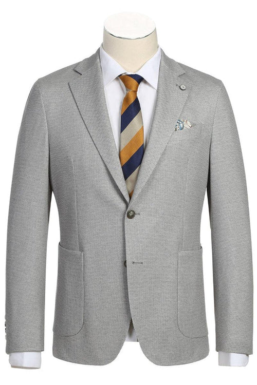 Pellagio grey sport coat: half canvas, unconstructed, slim fit, rounded lapel, patch pockets. Textured fabric, single-button closure, modern design. Paired with a striped tie.