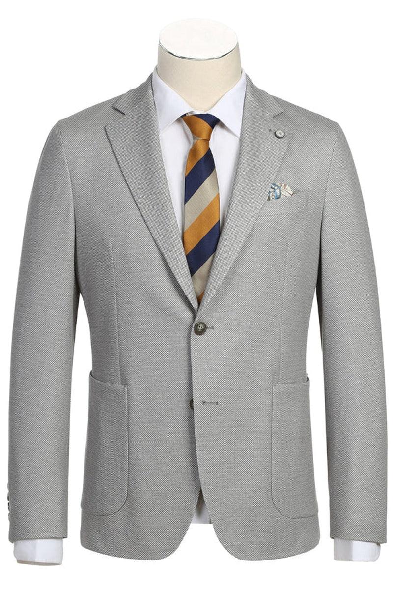 Pellagio grey sport coat: half canvas, unconstructed, slim fit, rounded lapel, patch pockets. Textured fabric, single-button closure, modern design. Paired with a striped tie.