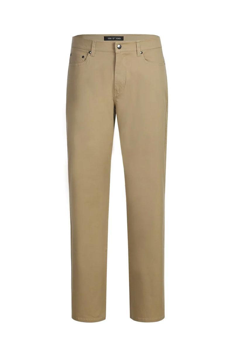 Men's khaki chino dress pants with a straight leg. Made of cotton stretch blend. Features five pockets, a smooth finish, and a button/zipper closure.