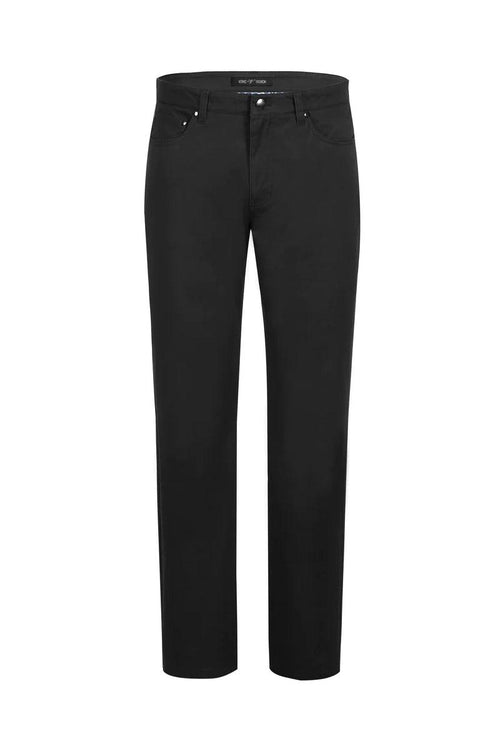 Pelagos black cotton stretch chinos: straight leg, smooth texture, stretchy cotton. Solid black, classic design. Front pockets, button/zip closure.