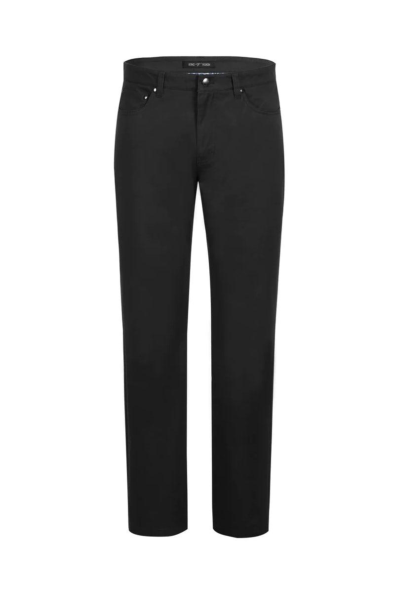 Pelagos black cotton stretch chinos: straight leg, smooth texture, stretchy cotton. Solid black, classic design. Front pockets, button/zip closure.