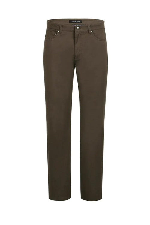 Pelago chino dress pants in dark brown. Straight-leg design with visible stitching. Features side pockets and a single-button waist closure for a sophisticated look.