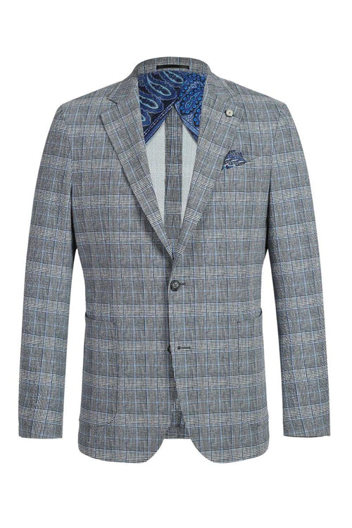 Pellagio's grey-blue windowpane blazer: tailored fit, notch lapel. Grey base, blue check pattern. Single-button cuffs, chest pocket with pocket square. Blue paisley interior lining.