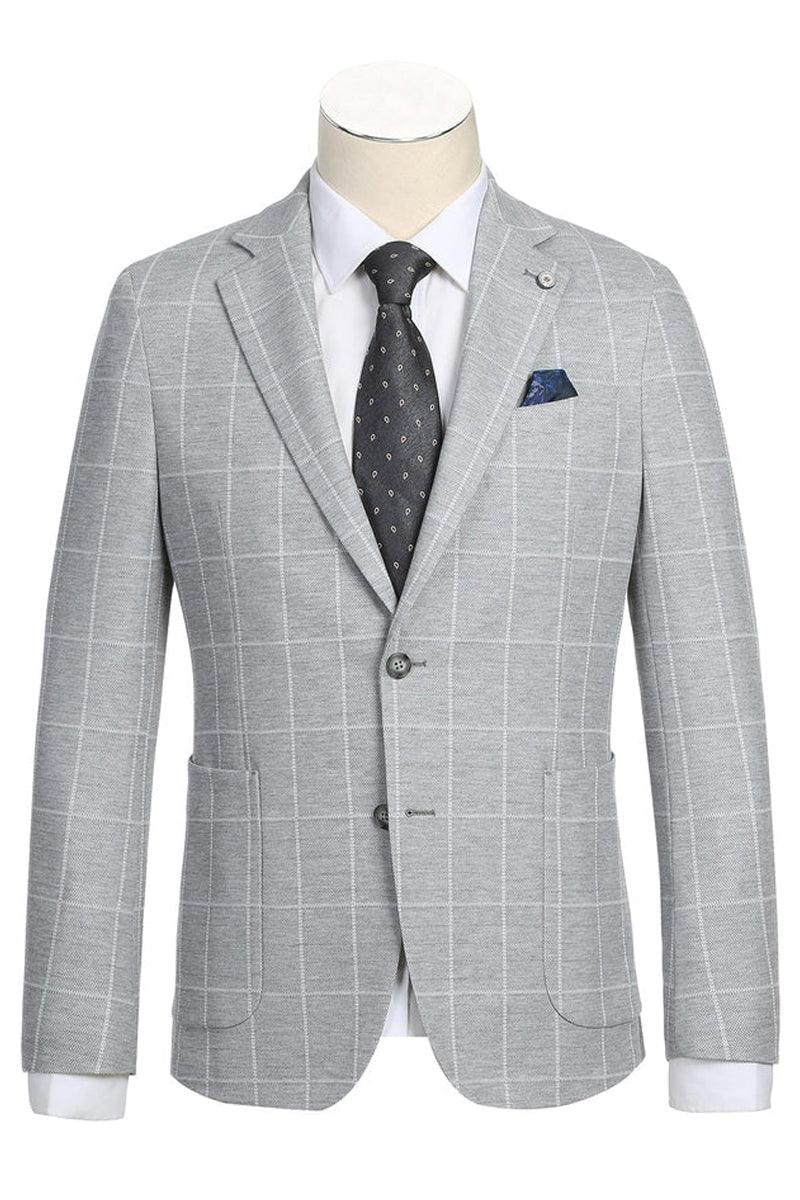 Men's light grey unconstructed sport coat with a white windowpane plaid. Half canvas, notched lapel, and two front pockets. A classic, versatile blazer.