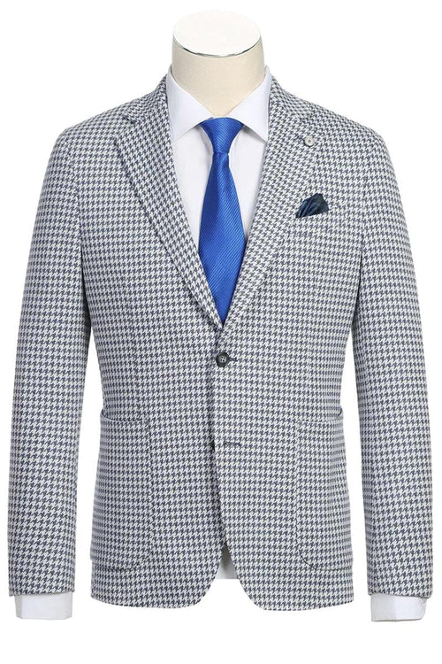 Men's unconstructed sport coat in houndstooth. Black & white pattern, unknown fabric. Notch lapels, 2 pockets, single-button closure, long sleeves with cuffs. Unlined for lightweight feel.
