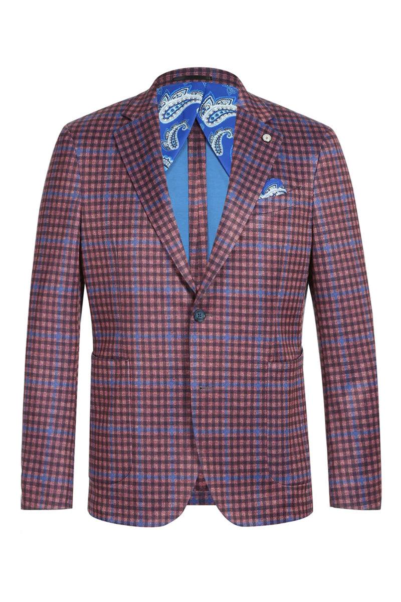 Men's slim-fit, unconstructed summer blazer in burgundy/blue windowpane plaid. Cotton, two-button closure, notch lapel, solid blue lining. Features two pockets and pocket square. Lightweight, casual design for warmer weather.