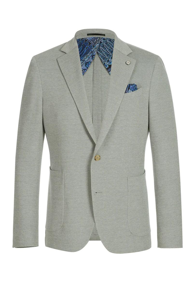 Light grey men's unconstructed cotton blazer. Two-button closure, notched lapels, and two front pockets. Blue patterned lining and pocket square.