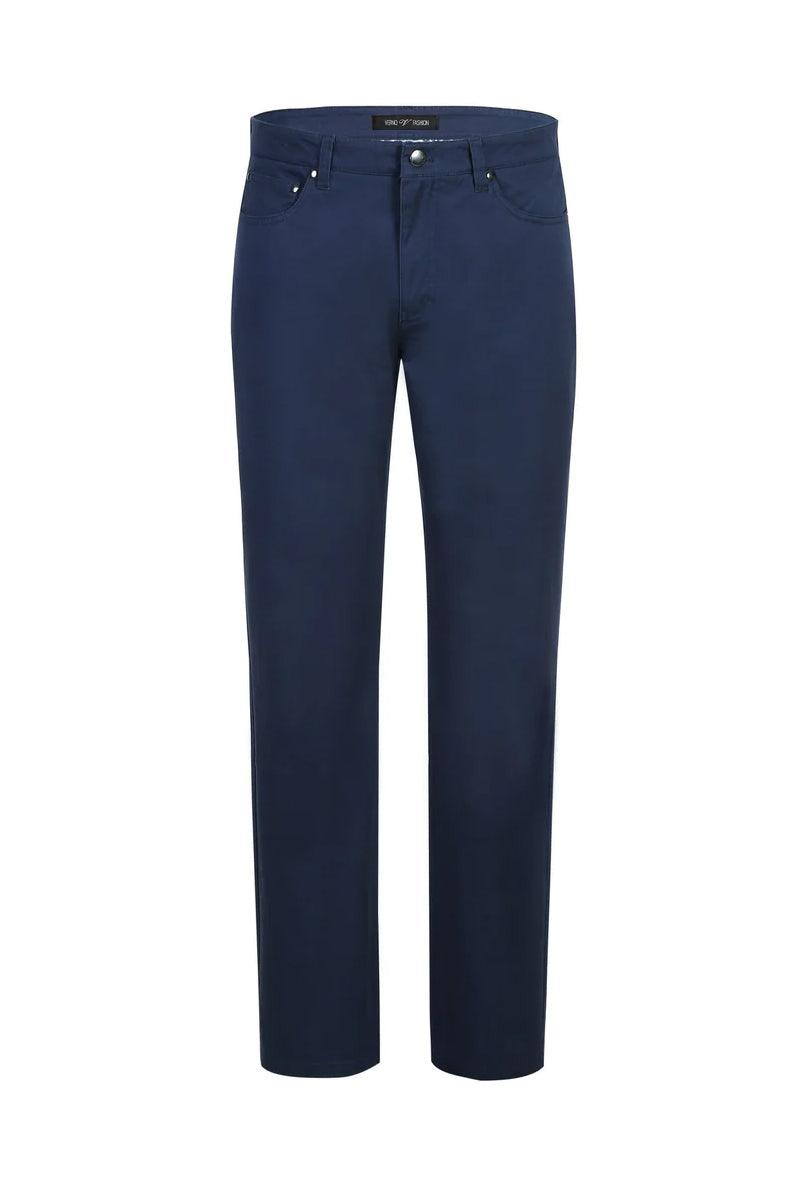Men's blue cotton-stretch chino pants with a straight leg. Lightweight, solid color, five-pocket design. Classic details include belt loops and four pockets.