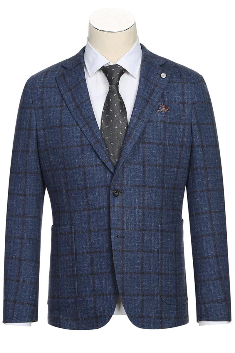 Navy windowpane plaid blazer. Structured form, single-button closure, notch lapels, two front pockets. Navy fabric with a light check pattern. Long sleeves, smooth lined interior, refined silhouette.