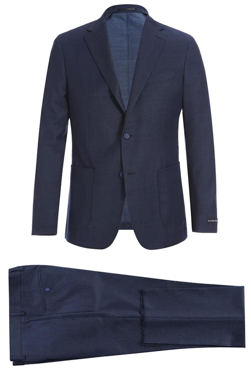Navy blue suit: elegant blazer with two-button closure, peak lapels, and pockets. Matching straight-leg trousers. Smooth, uniform fabric for a sophisticated look.