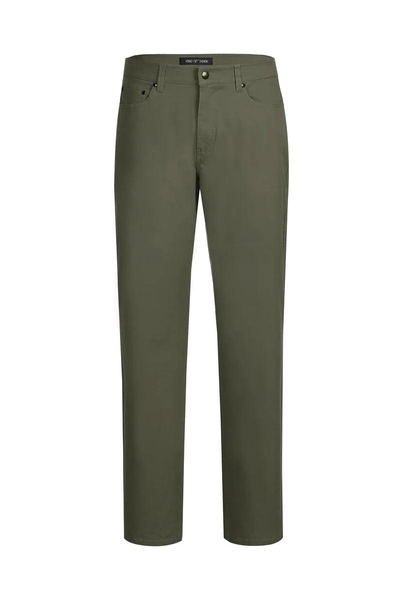 Olive green chinos: straight leg, flat front, five pockets, and button closure. Made from a smooth cotton blend. Classic and versatile.