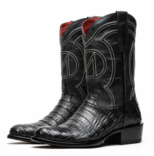 Marco Di Milano Phoenix Cowboy Boots: Black caiman crocodile, round toe, white shaft stitching. Red interior lining. Low heel, slight toe curve. Glossy finish.