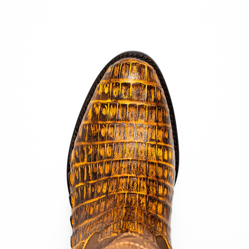 Mustard brown Marco Di Milano Phoenix cowboy boots. Round toe, made from textured caiman crocodile leather. Features a scale-like pattern and yellow/brown color.