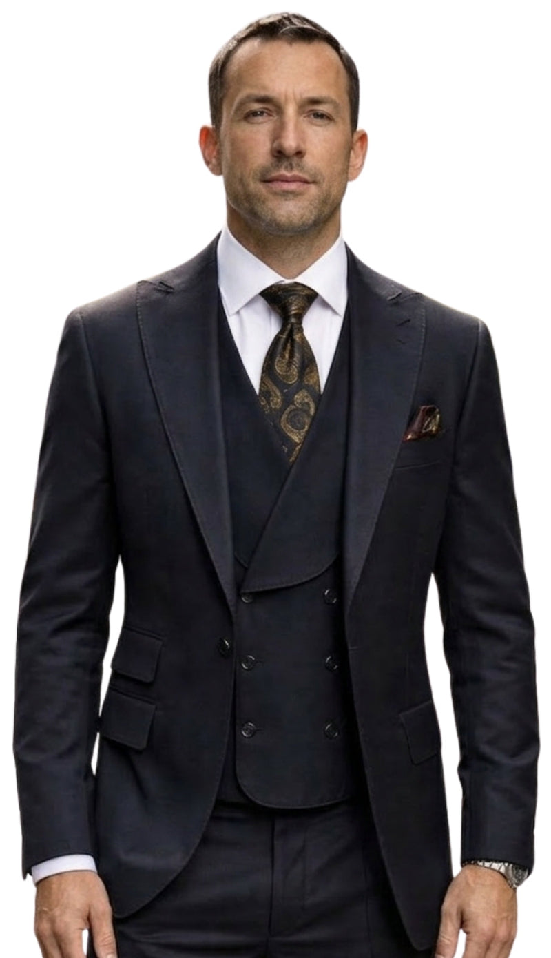 Mens Wool Suit - Ticket Pocket Big Lapel Single button Double breasted Vest By Statement in Color Black