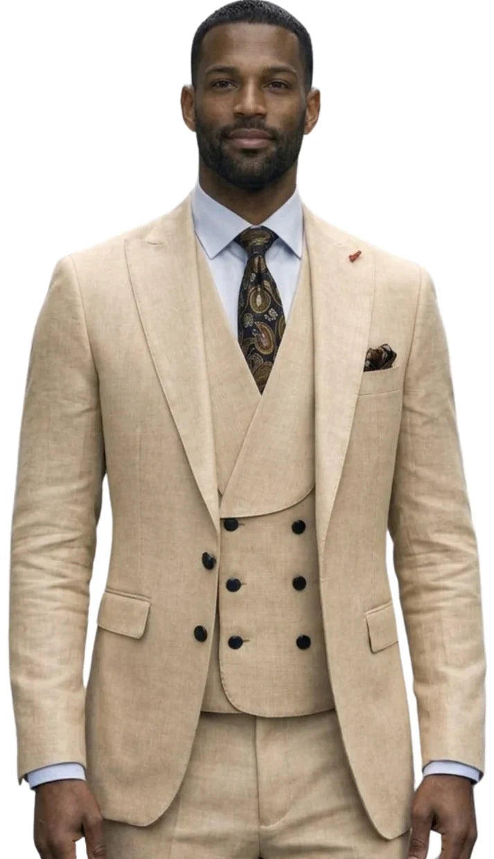Men's Alberto Nardoni Wool Suit with Ticket Pocket Big Lapel Single Button Double Breasted Vest in Caramel Color