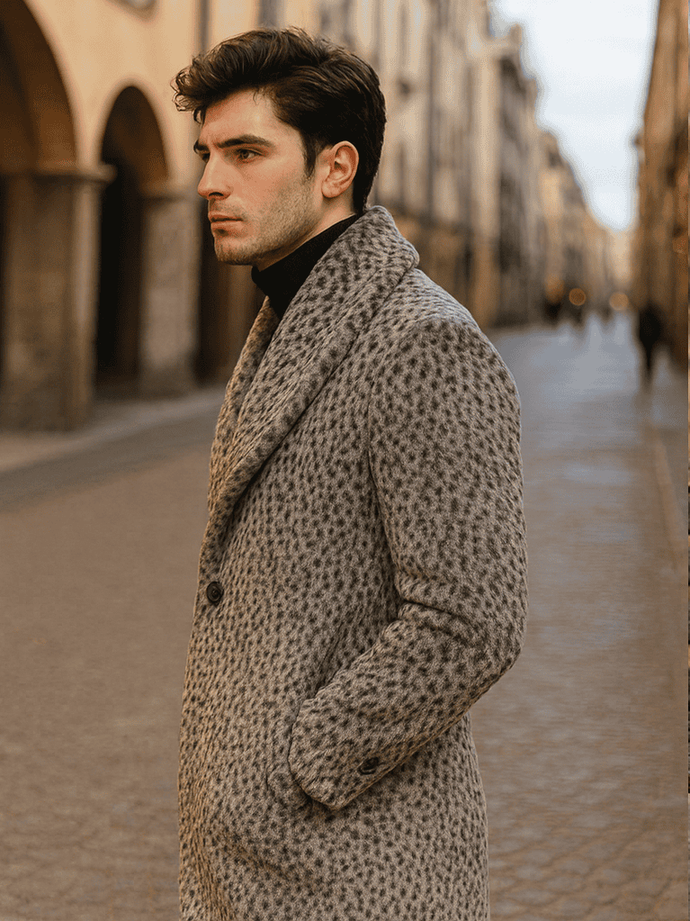 Men's leopard print faux fur coat. Long, tailored silhouette with shawl collar. Brown & black color scheme. Features front pockets & single-button closure. Vintage gangster style.