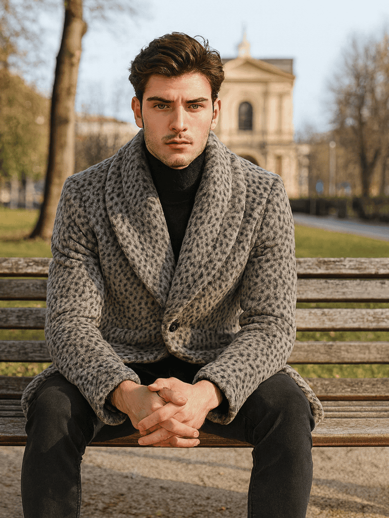 Vintage men's faux fur coat. Long, gray, black leopard print with shawl collar and double-breasted closure. Relaxed fit, padded sleeves, textured appearance.