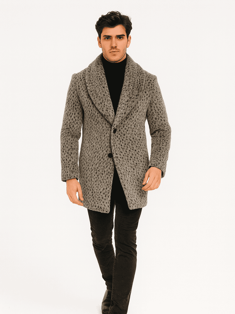 Men's vintage faux fur coat in leopard print, gangster style. Long, tailored shape with shawl collar, two buttons. Gray base with darker pattern. Soft, textured material. Fitted, long sleeves.