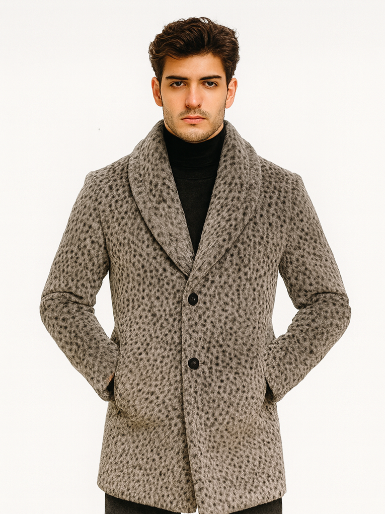 Men's vintage leopard faux fur pimp coat. Long, structured silhouette with shawl collar & double-button closure. Soft, textured fabric. Gray leopard spots. Fitted waist, side pockets. Luxurious appearance.