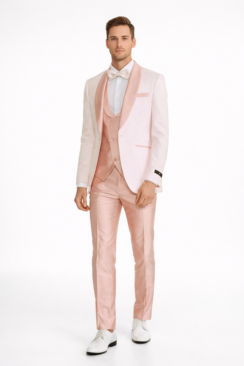 Rose Gold Pink Slim Fit Tuxedo 4 Piece with Satin Shawl Collar Beveled Designed Vest
