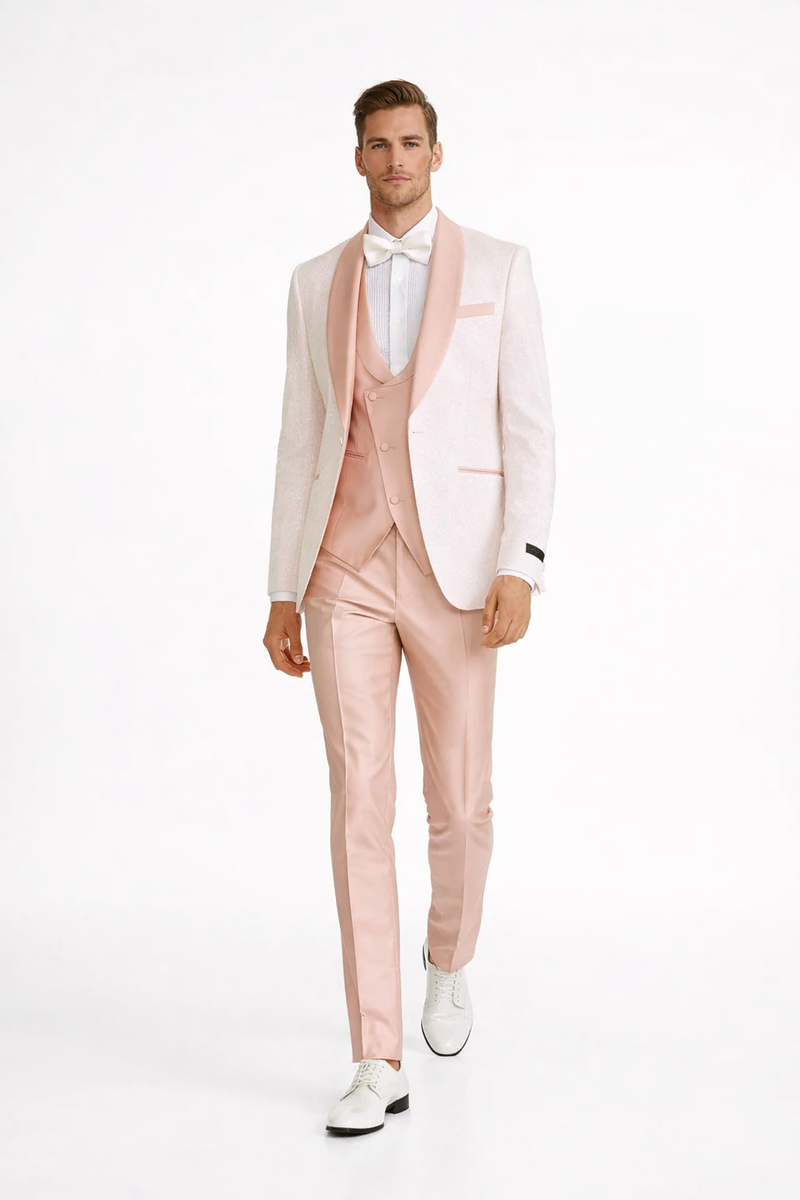Rose Gold Pink Slim Fit Tuxedo 4 Piece with Satin Shawl Collar Beveled Designed Vest