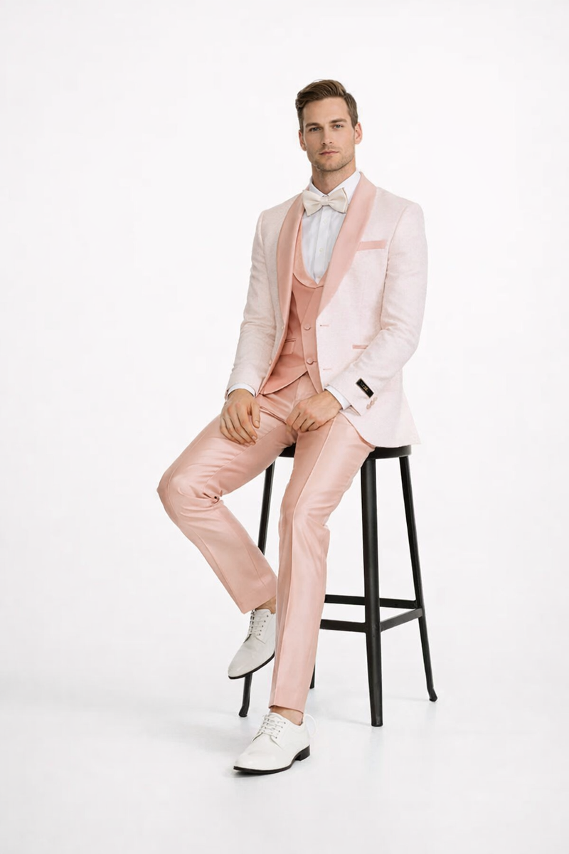 Rose Gold Pink Slim Fit Tuxedo 4 Piece with Satin Shawl Collar Beveled Designed Vest