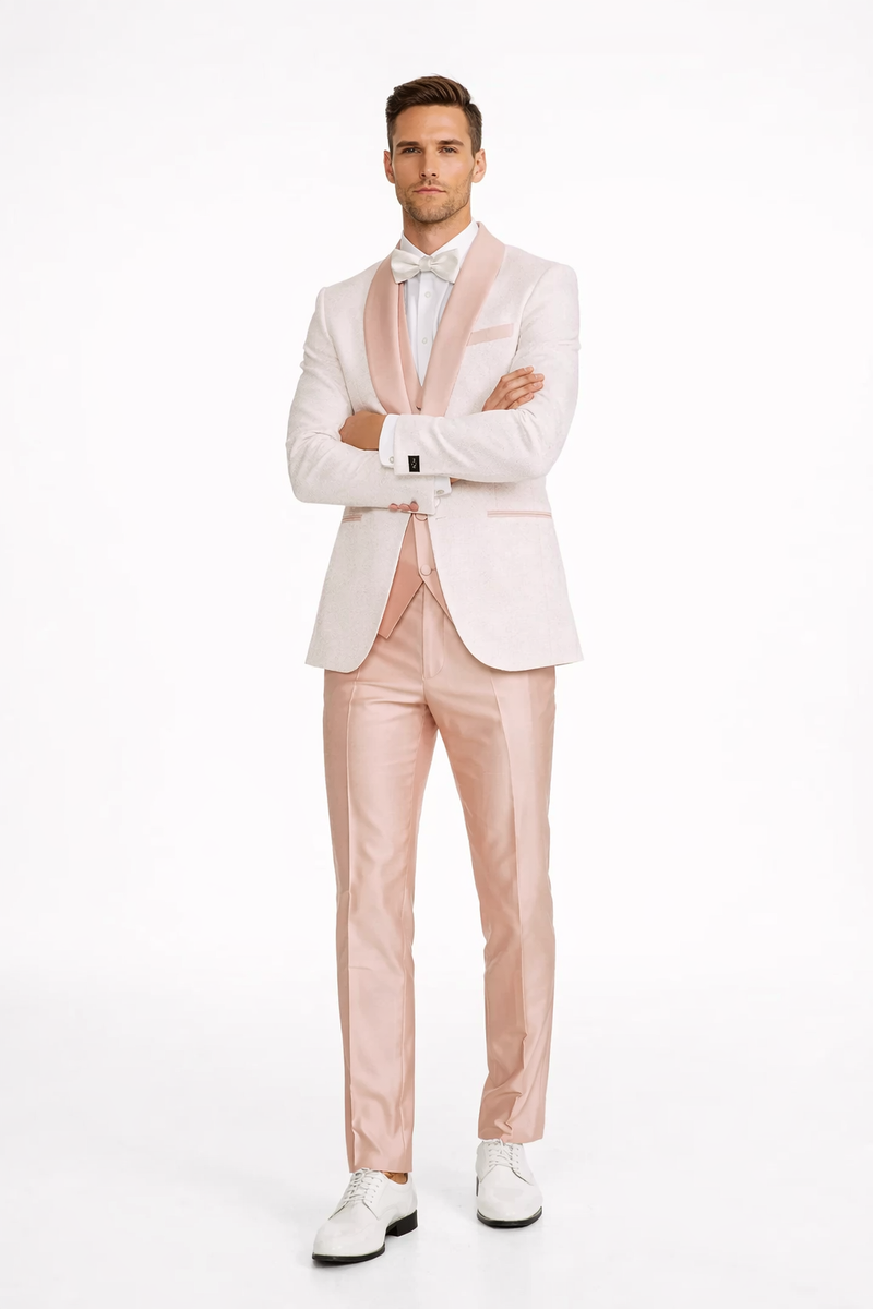 Rose Gold Pink Slim Fit Tuxedo 4 Piece with Satin Shawl Collar Beveled Designed Vest