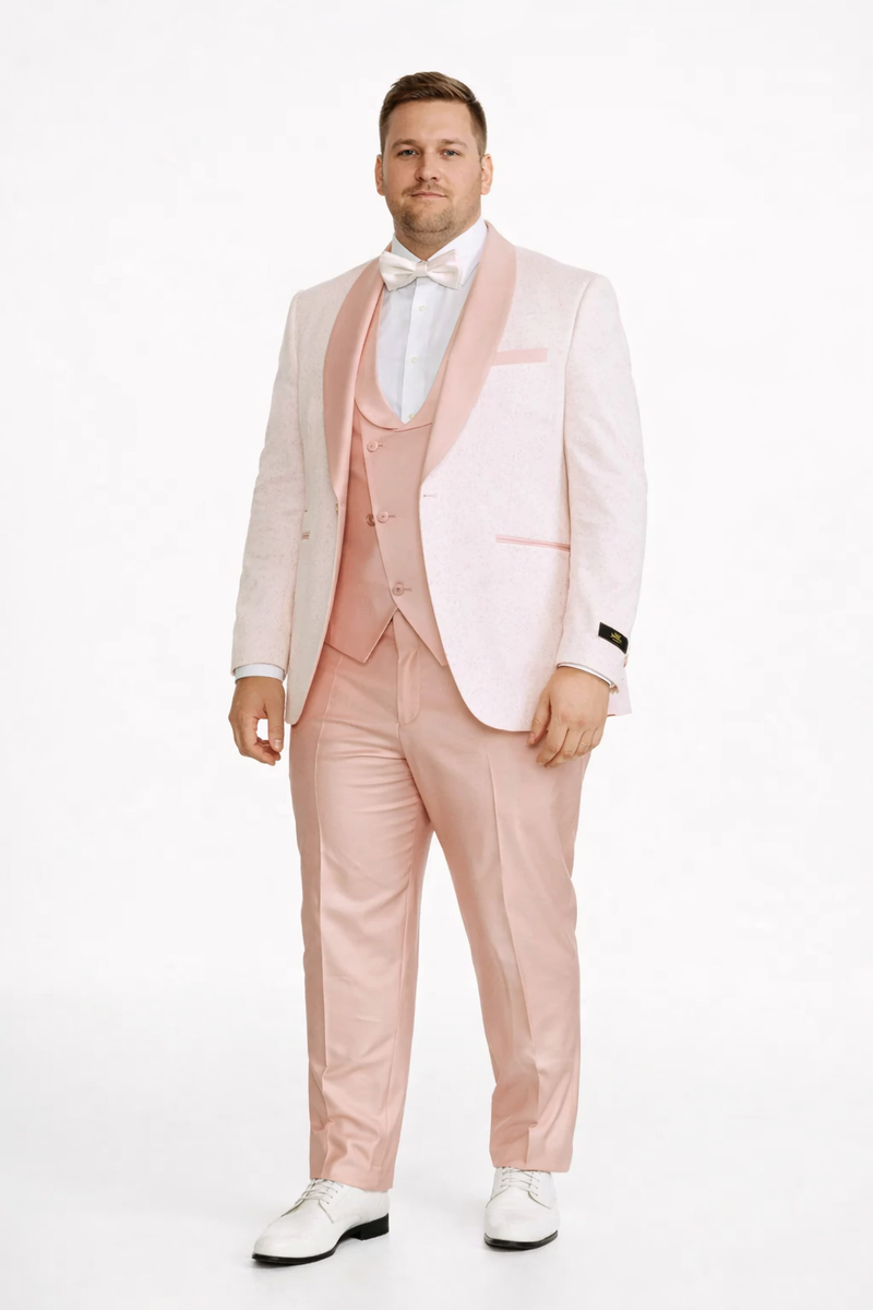 Rose Gold Pink Slim Fit Tuxedo 4 Piece with Satin Shawl Collar Beveled Designed Vest