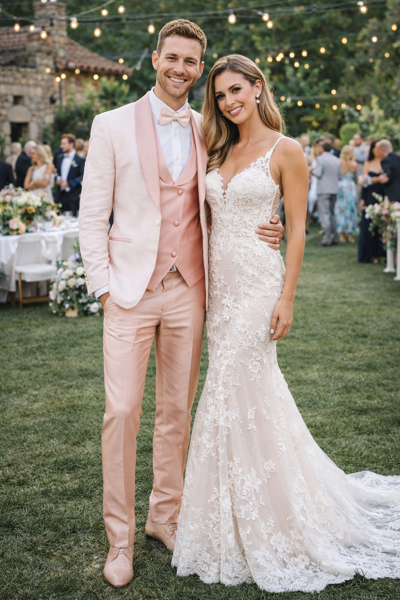 Rose Gold Pink Slim Fit Tuxedo 4 Piece with Satin Shawl Collar Beveled Designed Vest