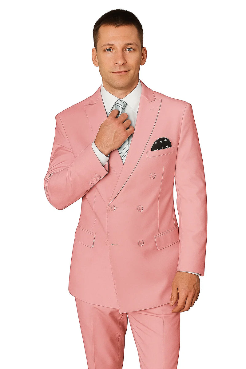 Sophisticated blush pink double-breasted wool suit for men. Tailored jacket with pointed lapel, matching trousers, and pocket square. Smooth, subtly shiny fabric.