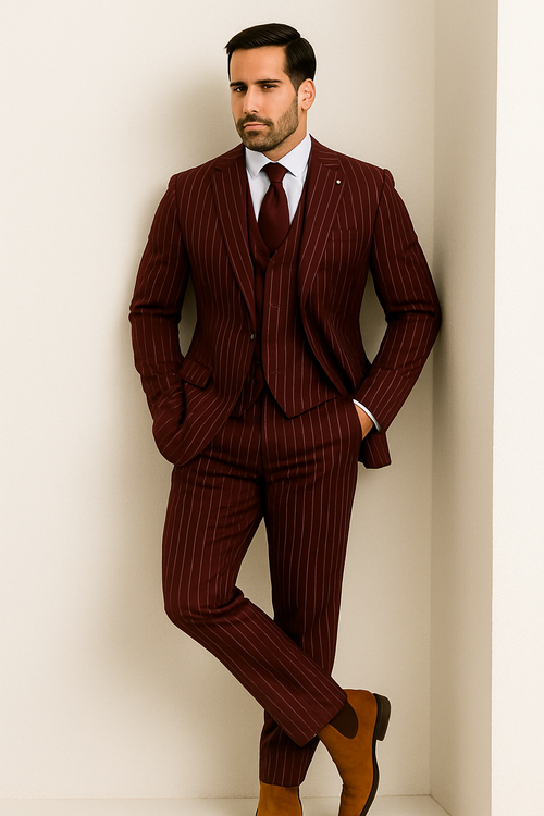 Mens 2 Button Vested 3 Piece Gangster Bold Pinstripe Suit in Burgundy