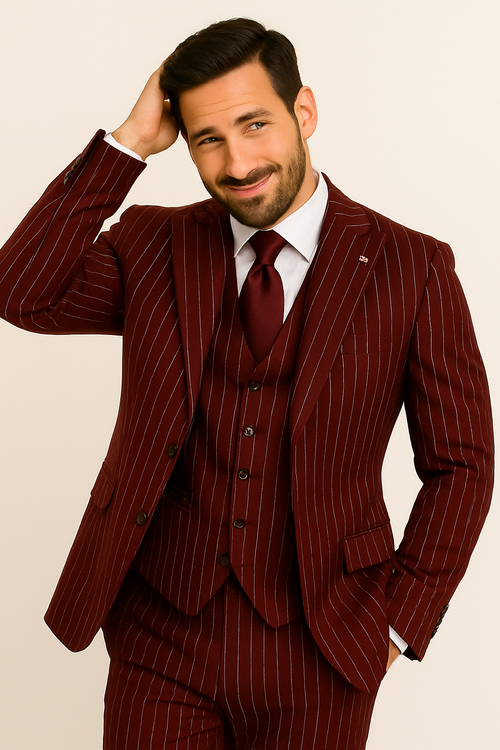 Mens 2 Button Vested 3 Piece Gangster Bold Pinstripe Suit in Burgundy