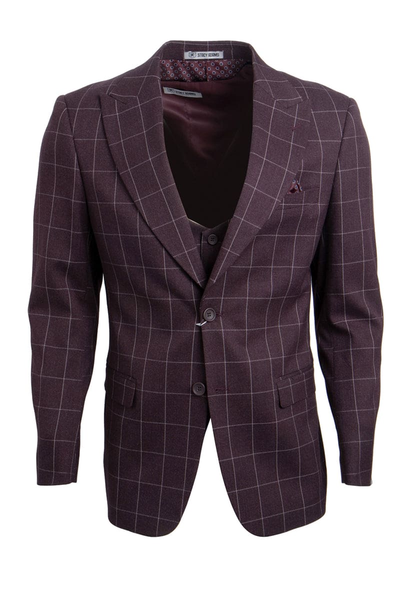Mens Stacy Adams Suit - Stacy Adams Suit Men's Burgundy Windowpane Plaid Vested Suit