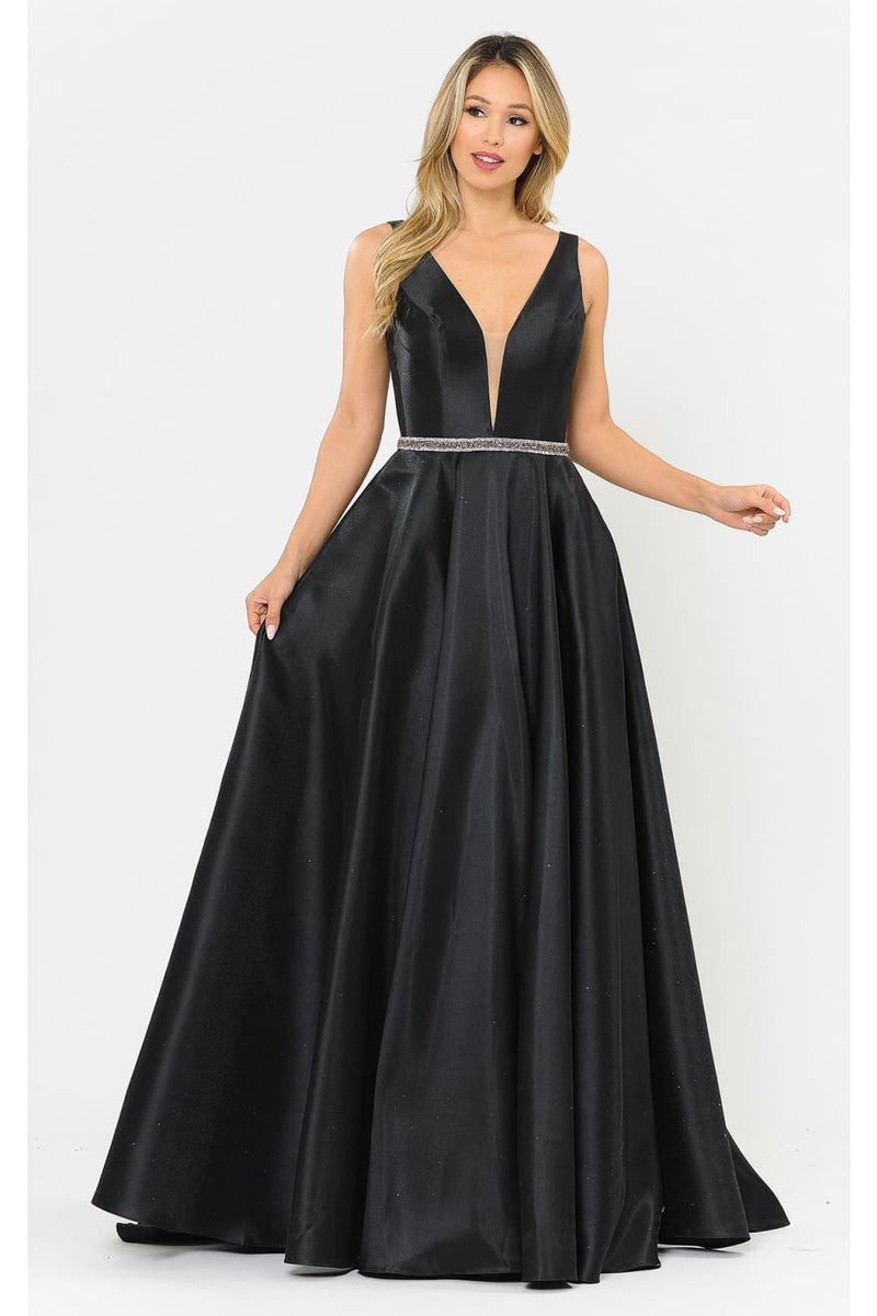 Poly USA 8682 A-Line Mikado V-Neck Red Carpet Formal Long Dress