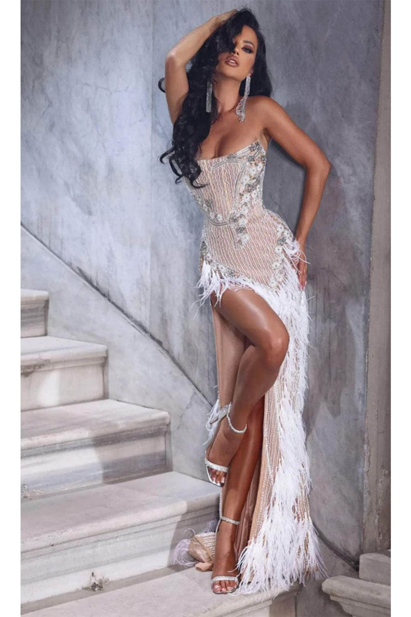 Portia and Scarlett PS23748C -long- Strapless Feathered Sheath Prom Dress