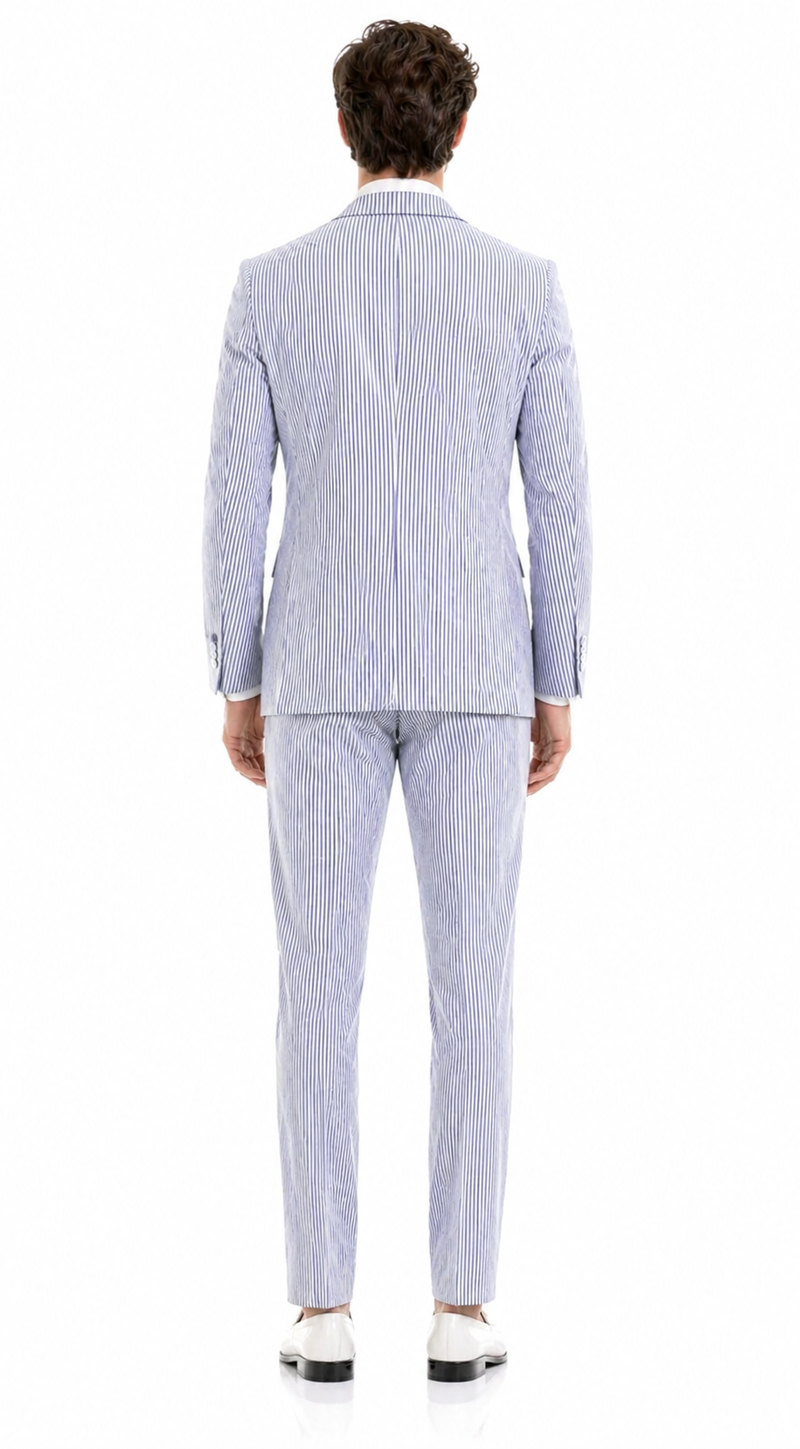 Premium Comfort Cotton Slim Fit Blue Seersucker 2 Piece Suit