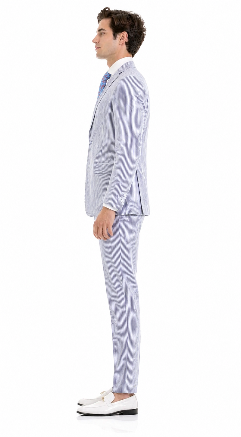 Premium Comfort Cotton Slim Fit Blue Seersucker 2 Piece Suit