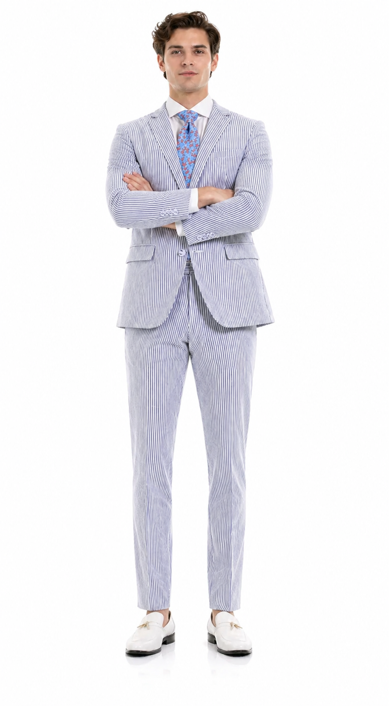 Premium Comfort Cotton Slim Fit Blue Seersucker 2 Piece Suit