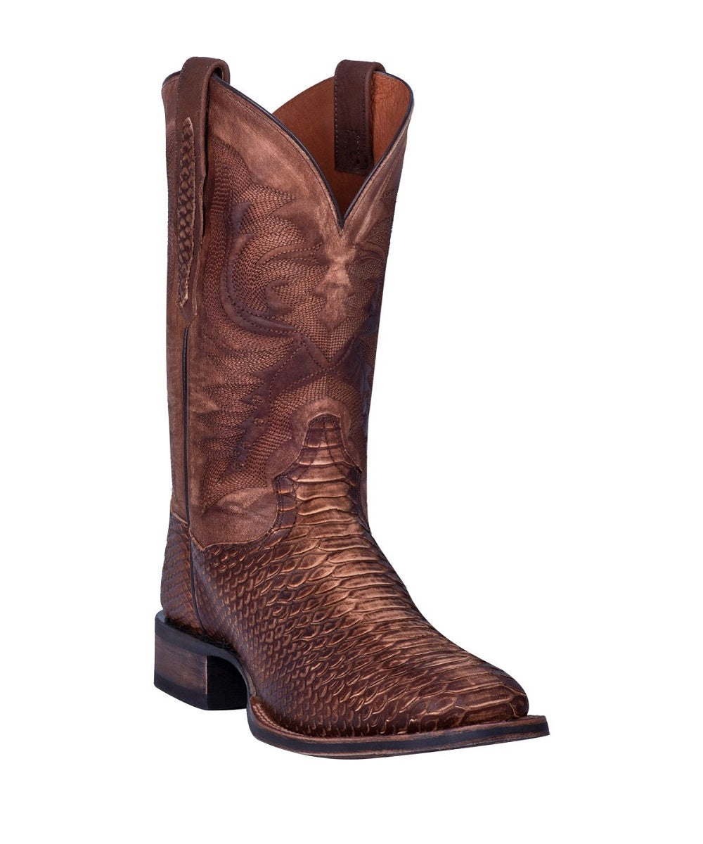 Dan Post Men's KA Boot: Textured brown leather, pointed toe, tall shaft, and intricate stitching. Features a scale-like pattern. Dark sole with slight heel and pull straps for easy wear.