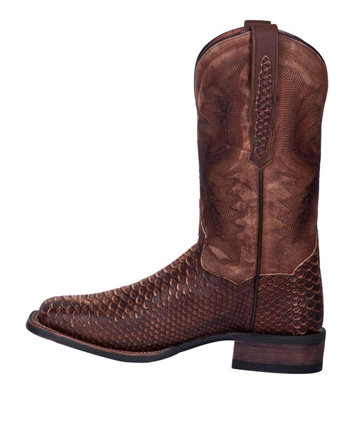 Dan Post men's boots: tall, rounded toe, slight heel. Dark brown, snakeskin-textured leather upper with smooth shaft. Intricate stitching. Durable sole.