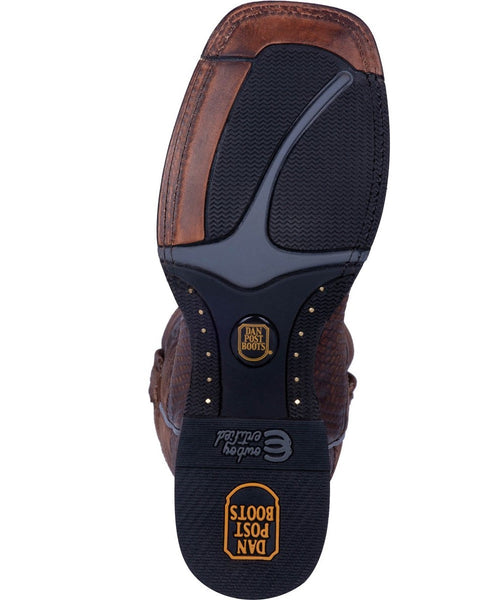 Dan Post men's KA boot. Textured brown leather upper. Rubber outsole with patterned tread. Contrasting black section with branding on the outsole.