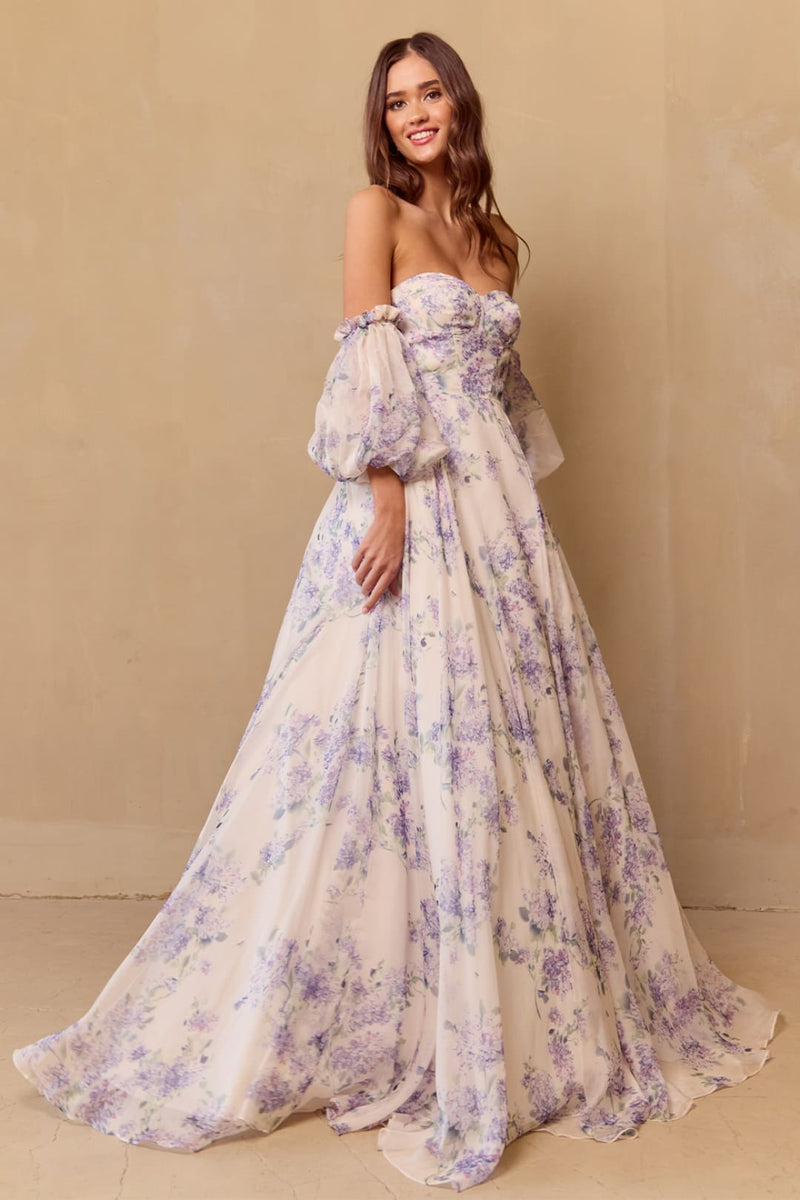 Prom Dress Strapless Print Puff Sleeves Gown By Amelia Couture SU084