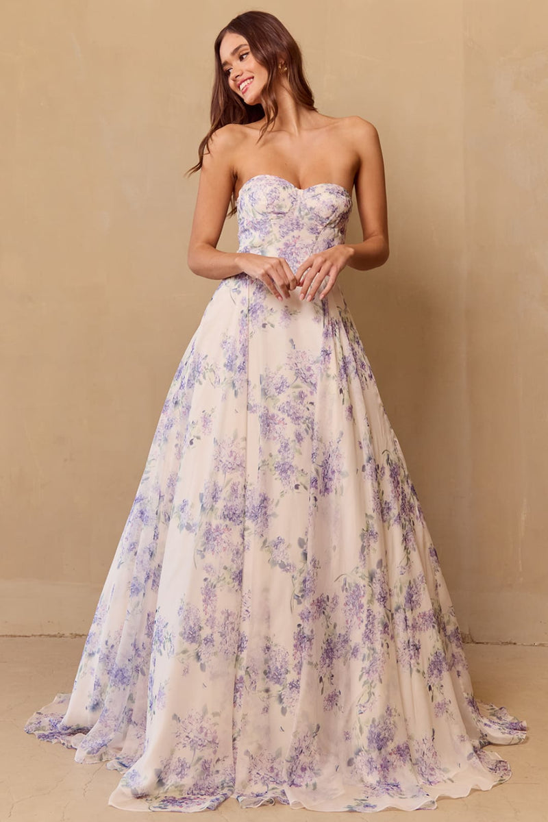 Prom Dress Strapless Print Puff Sleeves Gown By Amelia Couture SU084