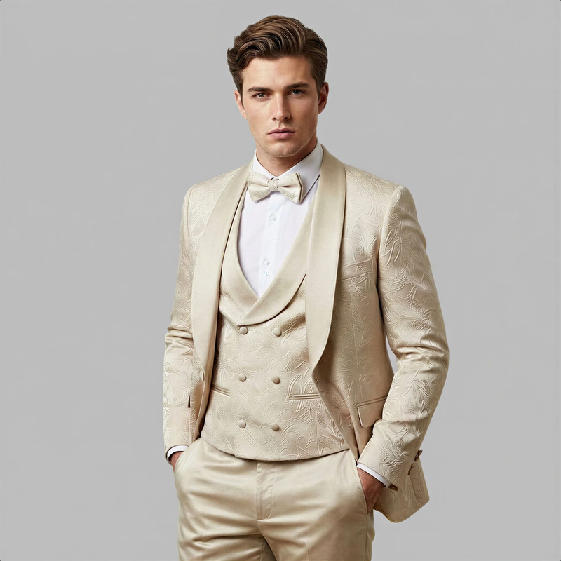 Tan Floral Shawl Lapel Tuxedo Set – Wedding and Prom