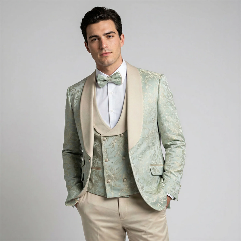 Sage Floral Shawl Lapel Tuxedo Set – Wedding and Prom